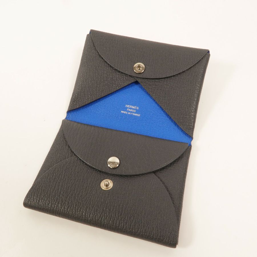 HERMES Chevre皮革Calvi Duo卡片套Graphite/Bleu Hydra-6