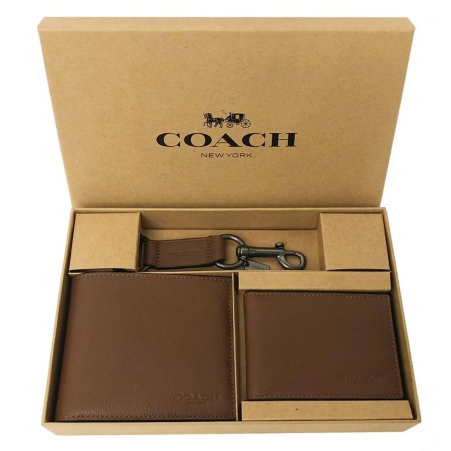 [全新] COACH 男款8卡短夾附鑰匙圈活動證件夾禮盒(棕)-0
