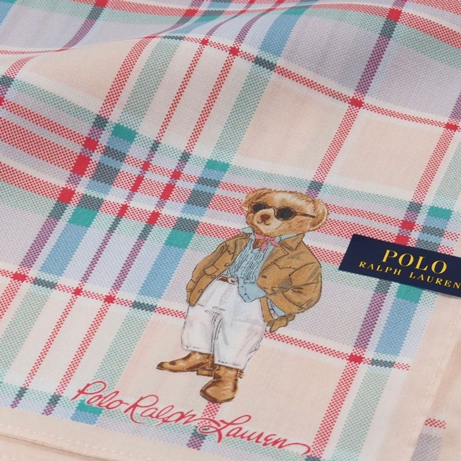 RALPH LAURENPOLO BEAR小熊粉彩格紋純棉手帕領巾(杏粉色 48×48cm 日本製 附品牌紙袋)-6