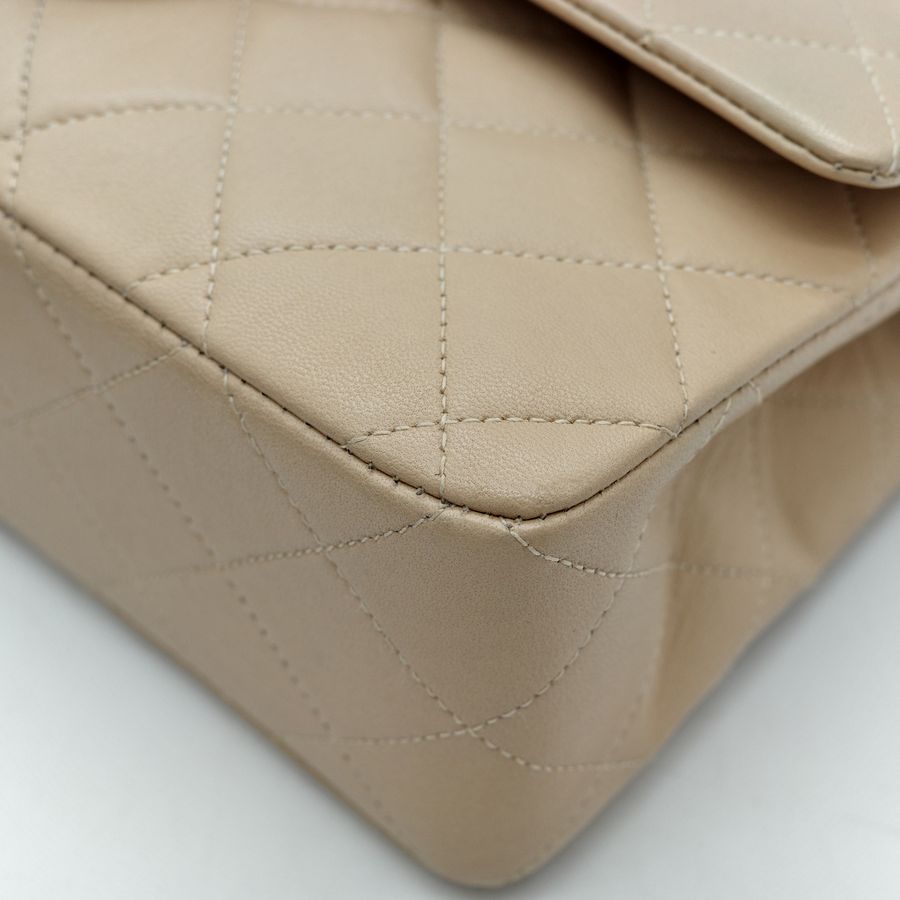 Chanel 香奈兒 米杏色 Classic Flap 23cm 雙蓋鍊帶包 口蓋包 菱格紋 羊皮 金扣-9