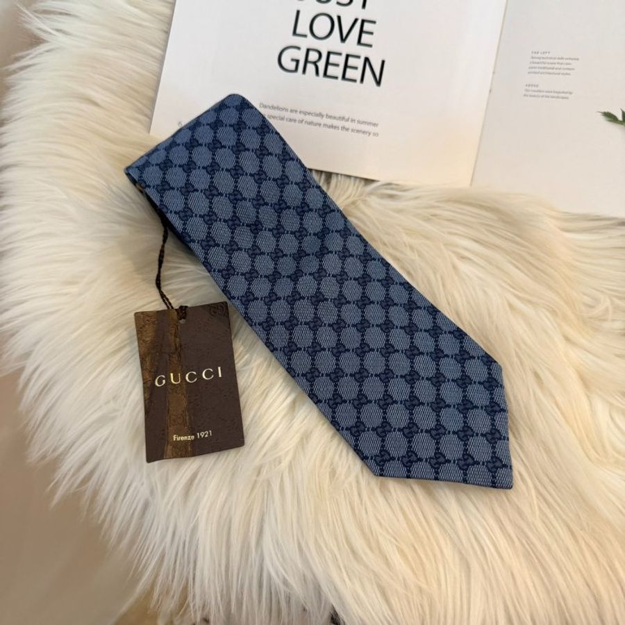 GUCCI 藍色雙 G 緹花領帶-4