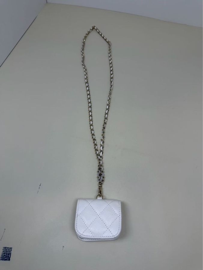 Chanel mini耳機包 白金 荔枝皮7*6*3 全新閒置盒子塵袋保卡鏈條-1