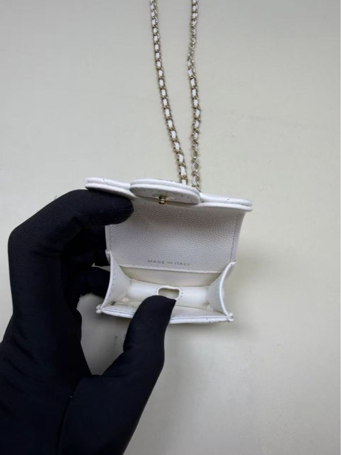 Chanel mini耳機包 白金 荔枝皮7*6*3 全新閒置盒子塵袋保卡鏈條-2