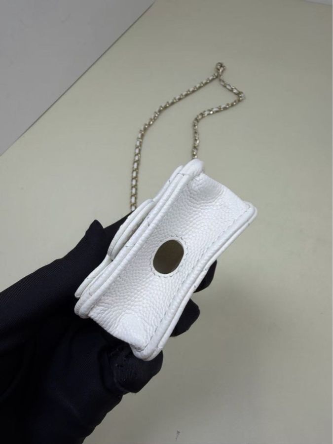 Chanel mini耳機包 白金 荔枝皮7*6*3 全新閒置盒子塵袋保卡鏈條-3