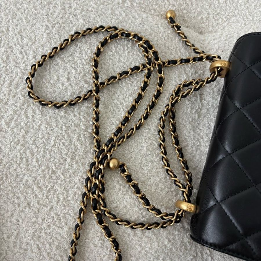 Chanel香奈兒 雙金珠19黑金牛皮 單肩包斜挎包 芯片款-9