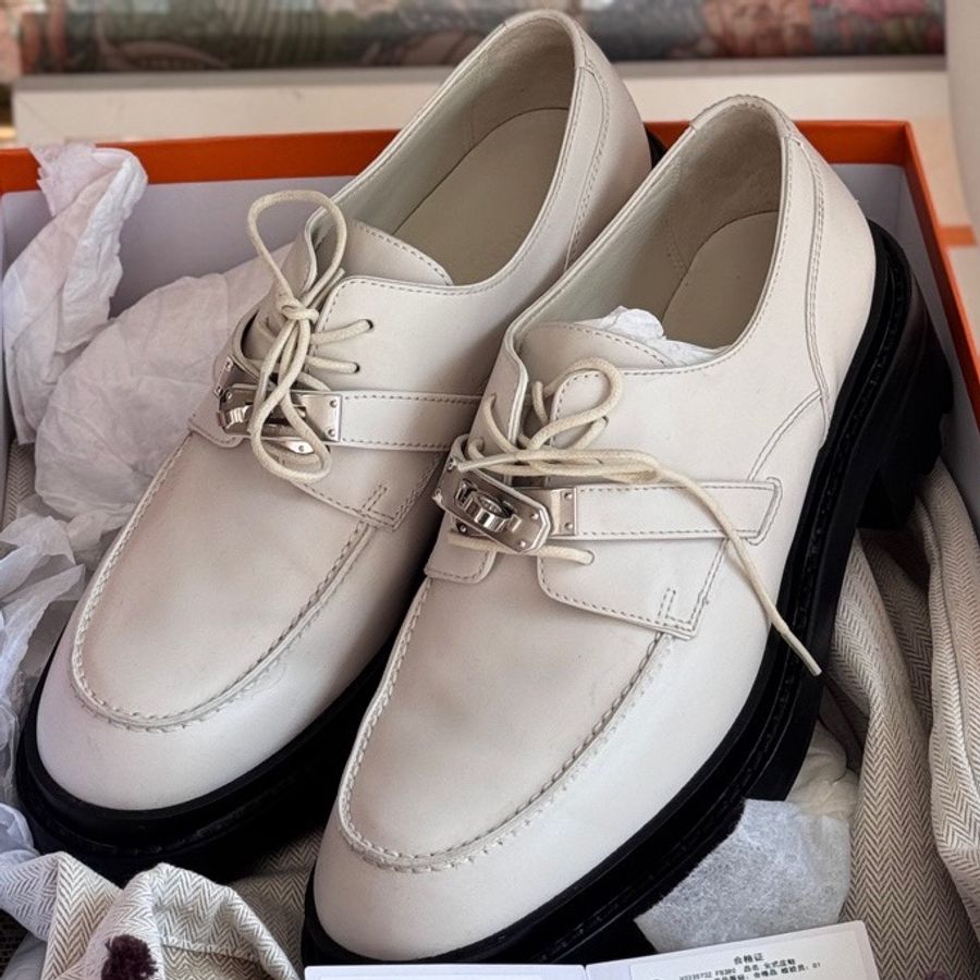 HERMES 愛馬仕 Kelly扣 樂福鞋 first德比鞋 38碼米白色全皮-1