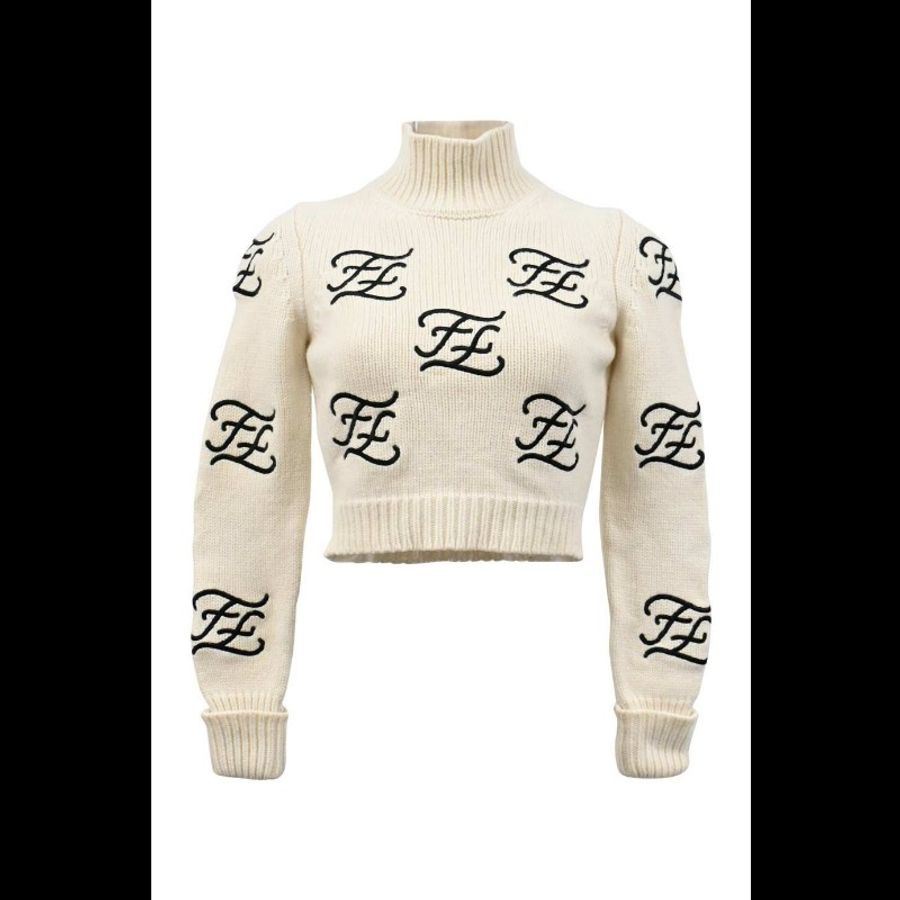 Fendi 白色高领FF刺绣山羊绒套头毛衣上衣-5