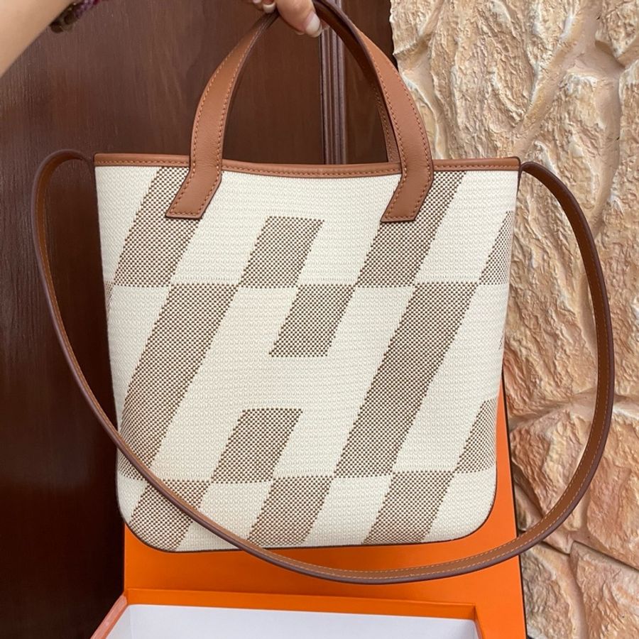 Hermes 愛馬仕 Cabas H en biais27 帆布拼皮 托特包手提包單肩包斜挎包-2