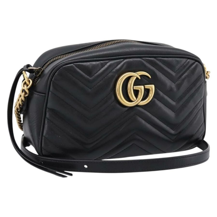 【日本直送】GUCCI GG Marmont 鏈條單肩包,黑色皮革,金色,貨號 447632,正品 am12299V-0
