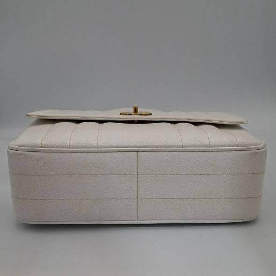 【Chanel】Vintage 經典雪白/奶油白荔枝皮直條紋手提包✨ 復古金釦大雙C公文包/晚宴包【絕版稀有收藏款/含雷標】-5