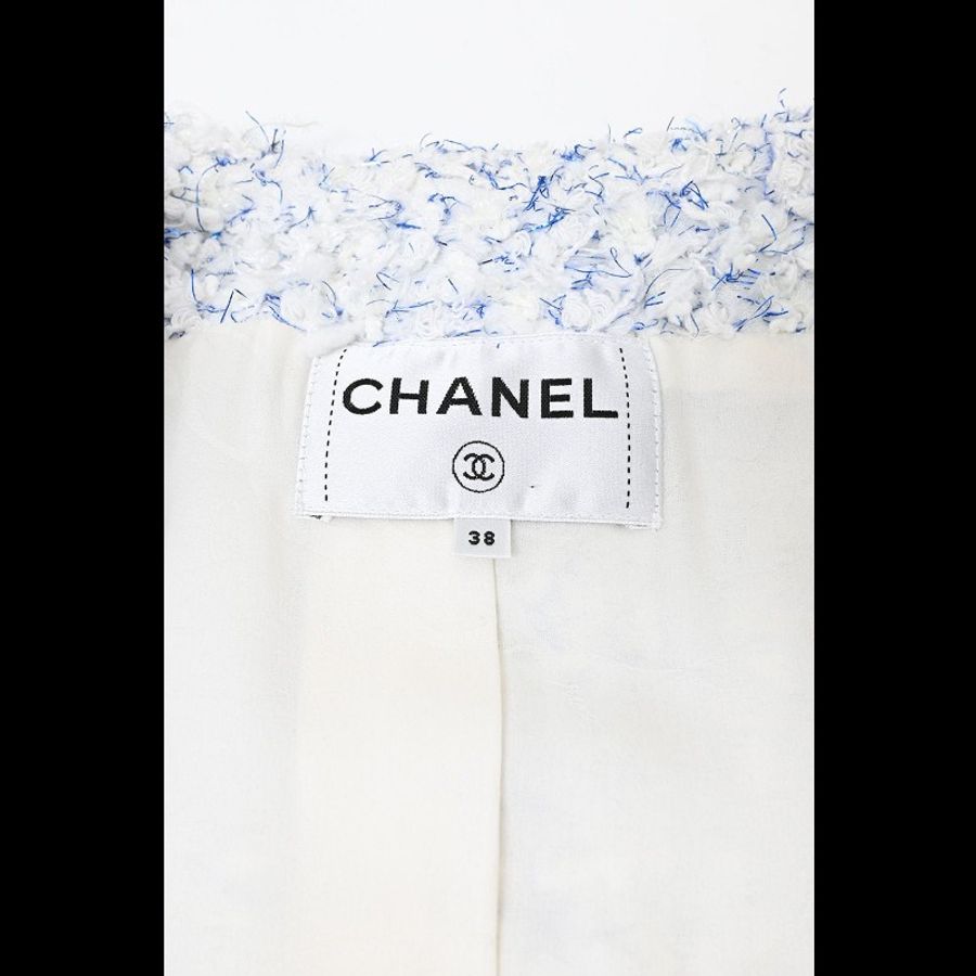 Chanel 18年瀑布系列秀款蓝白粗花呢两口袋上衣外套-7