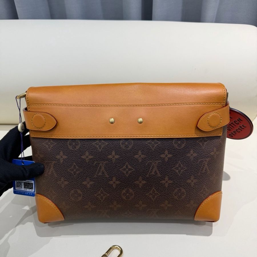 Louis Vuitton 路易威登 LV Steamer 西部牛仔經典棕老花拼皮金色鎖頭珠鏈裝飾斜挎包 男女同款-3