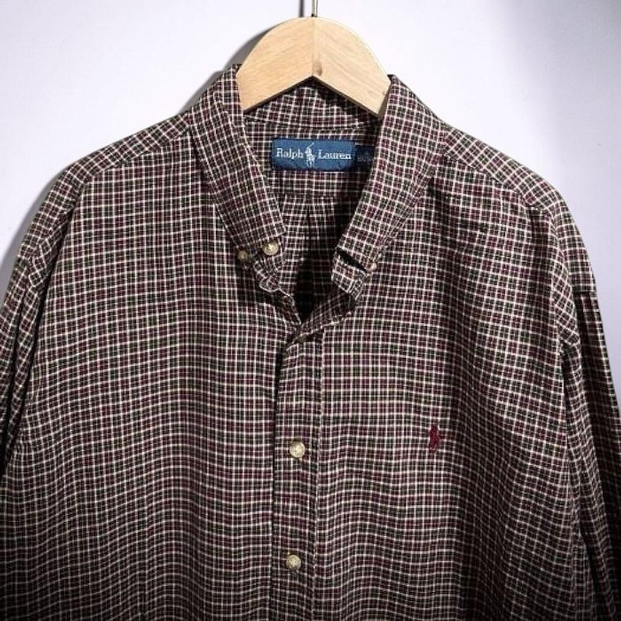 Ralph Lauren 寬鬆落肩格紋襯衫 巧克力咖啡色 男 XL 185/104A-4