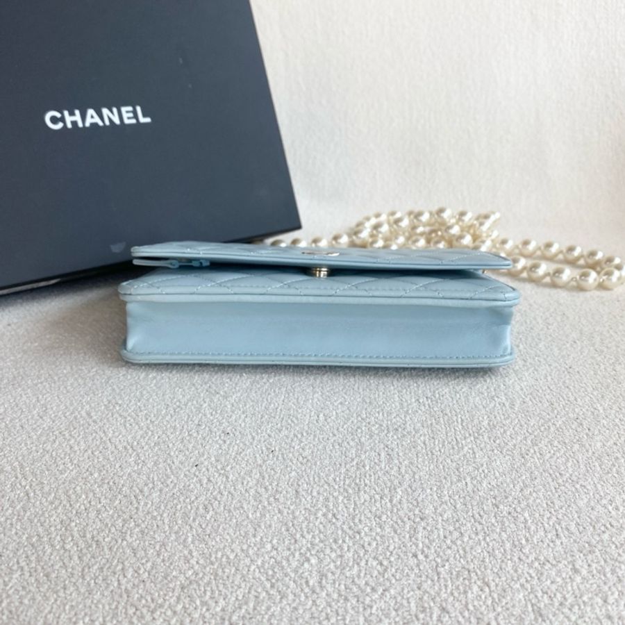 Chanel香奈兒珍珠woc鏈條包 芯片款 藍色金扣 羊皮-8