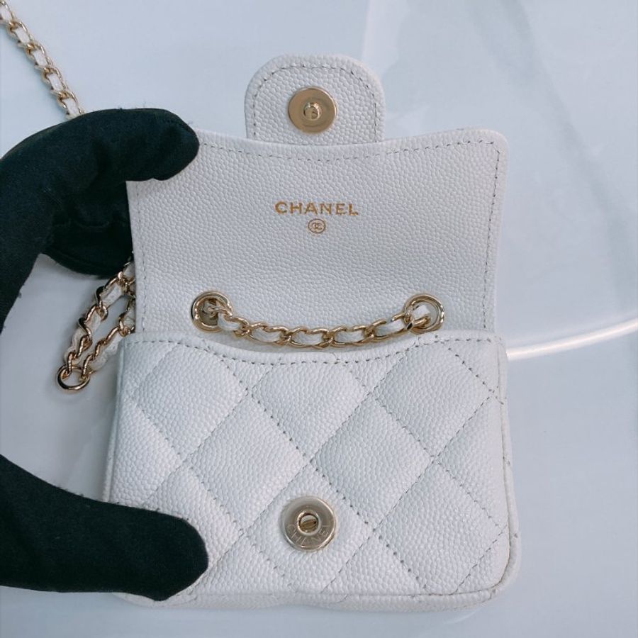 MS0831 Chanel 香奈兒 22P 經典迷你翻蓋 卡包鏈條款 白色 金扣 Classic Mini Flap Bag Card Holder White X GHW-15