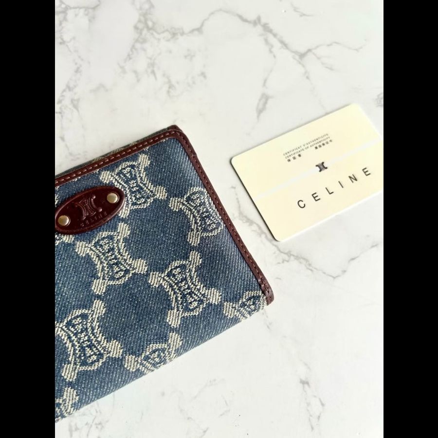 【LA LUNE】Celine牛仔藍拼皮老花短夾 皮夾 錢包 稀有中古包 二手包 古董包-4