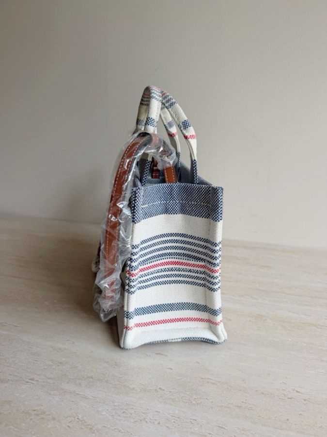 CELINE 賽琳 CABAS THAIS小號藍紅條紋織物托特包 底長25cm。-3