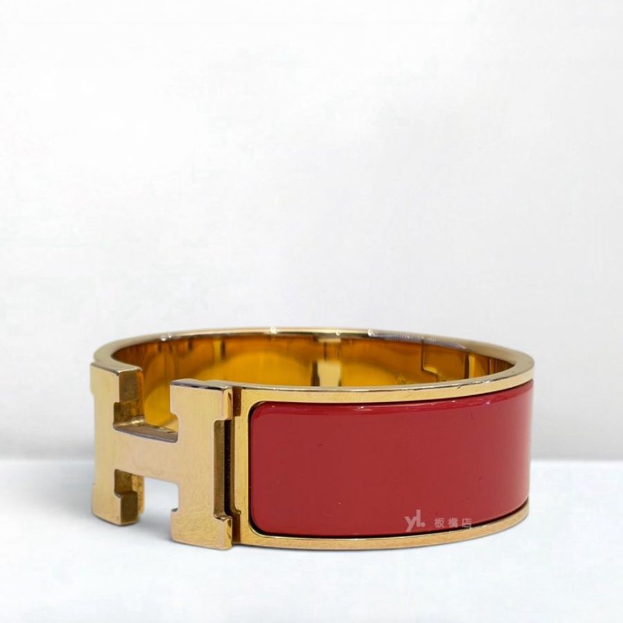 S5567-HERMES 珊瑚紅琺瑯Clic Clac H金釦寬版手環-4