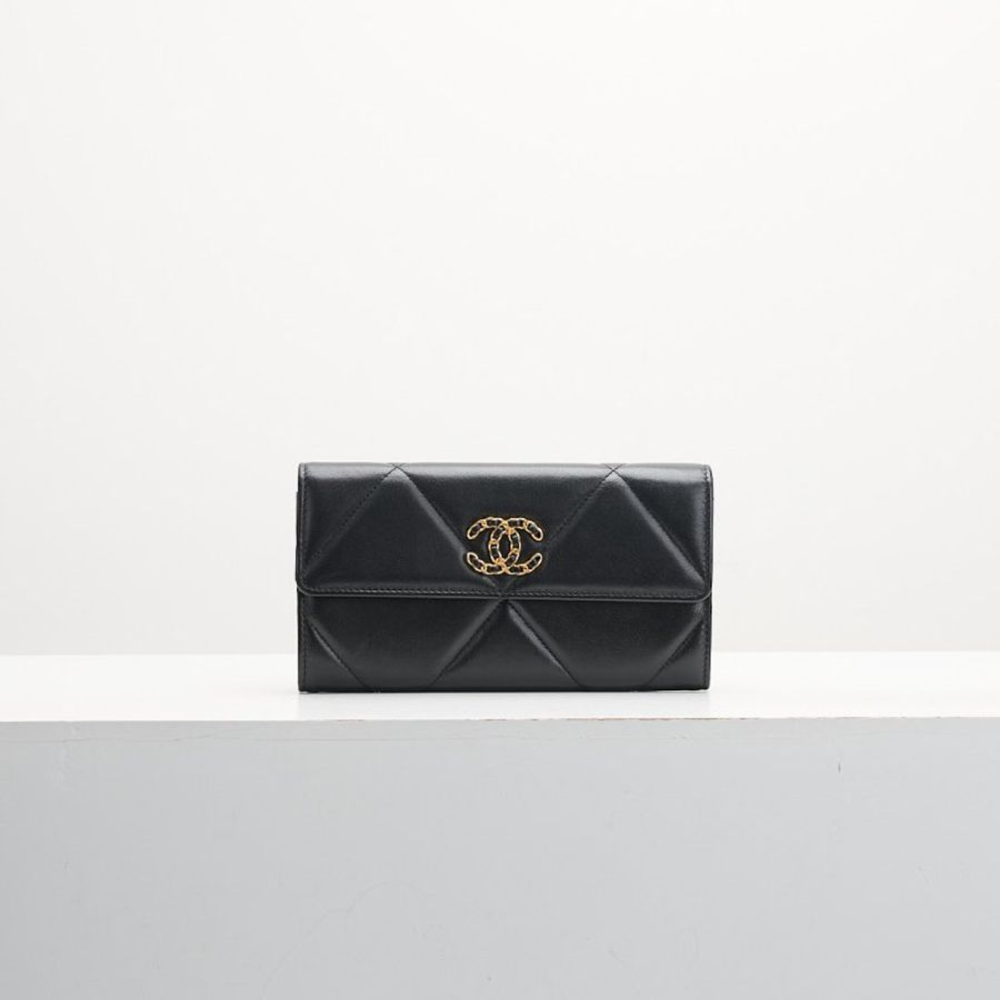 Chanel 19口蓋長夾/黑金 芯片款-0