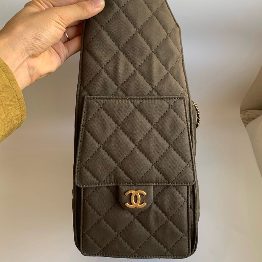 Chanel香奈兒25bag 單肩包斜挎包 卡其色帆布金扣-2