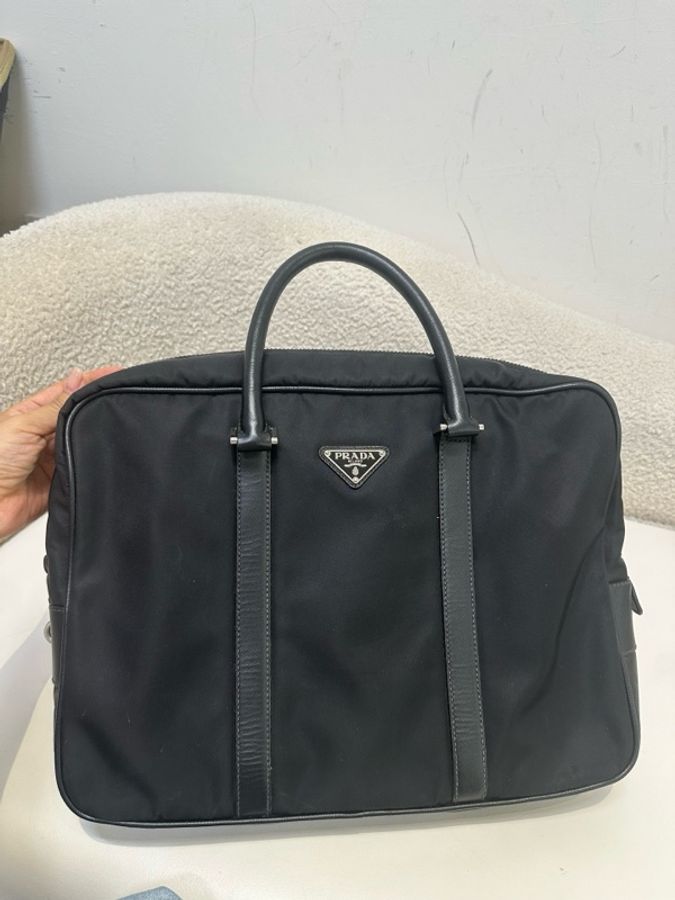 Prada 普拉達 經典降落傘尼龍布拼牛皮公文包 黑色-7