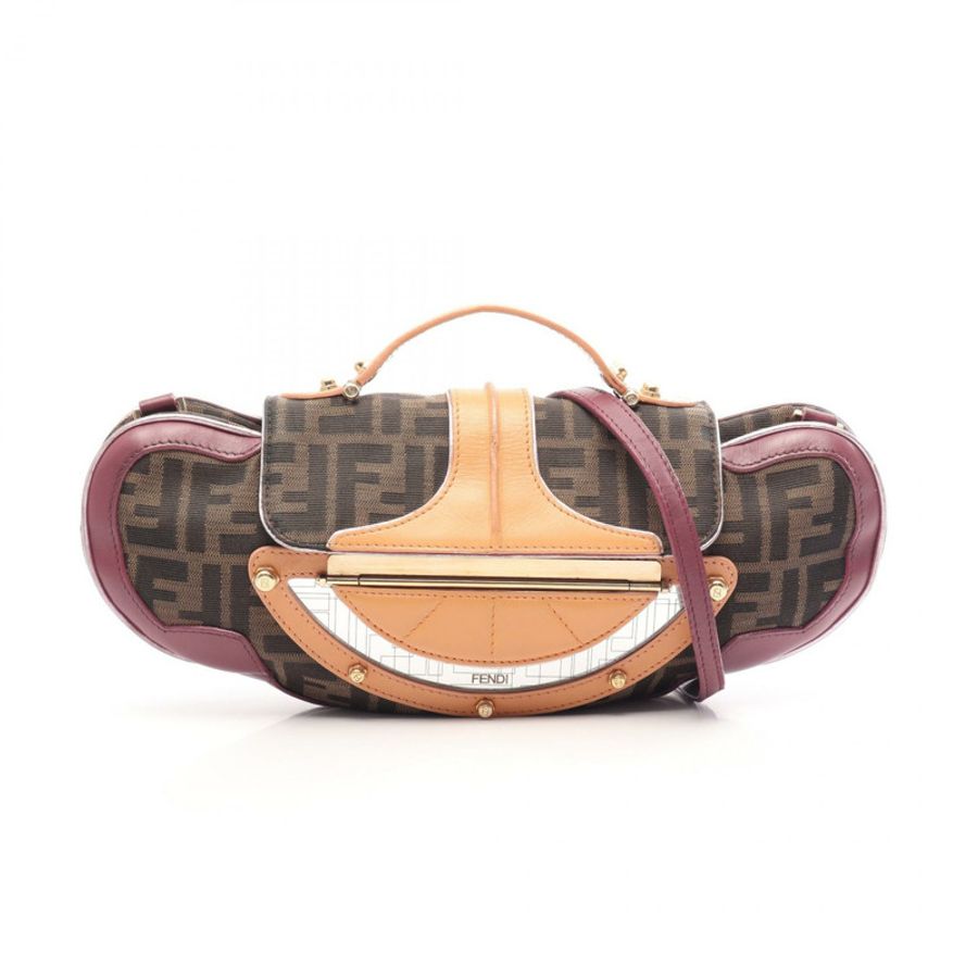 FENDI Zucca 單肩手提包 8BN133 帆布皮革 棕色 紫色 米色 二手 女士-0