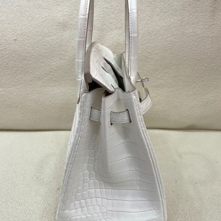 愛馬仕 Hermès Birkin 25 鑽釦 Q3奶霜白 倒V鱷魚 銀扣 全新 K刻-3