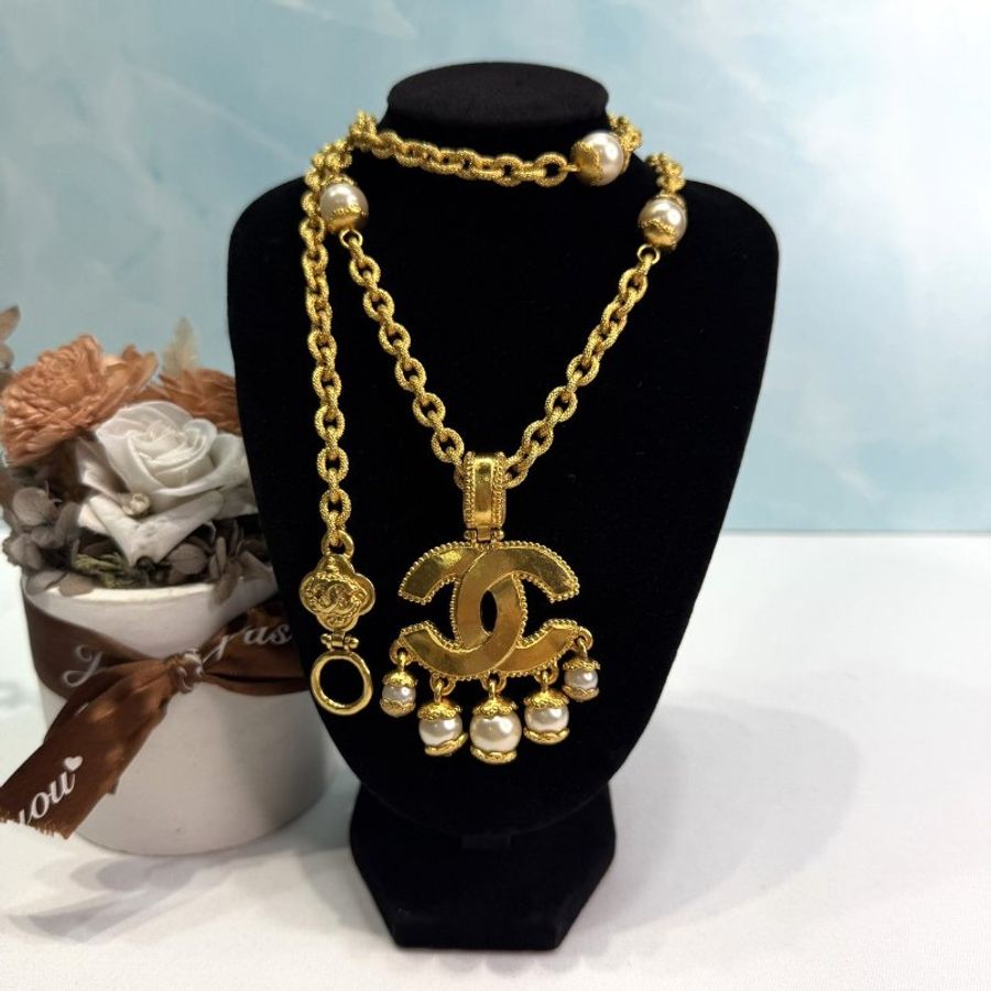 CHANEL Vintage 96A麥穗紋雙C珍珠長項鍊-3