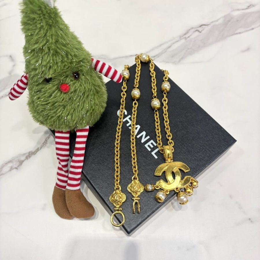 CHANEL Vintage 96A麥穗紋雙C珍珠吊墜長鍊-3