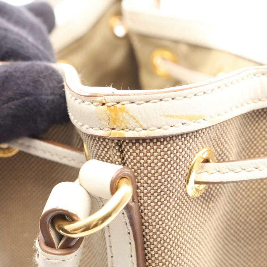 PRADA LOGO JACQUARD 單肩手提包 帆布皮革 米色 白色 棕色 二手 女士-4