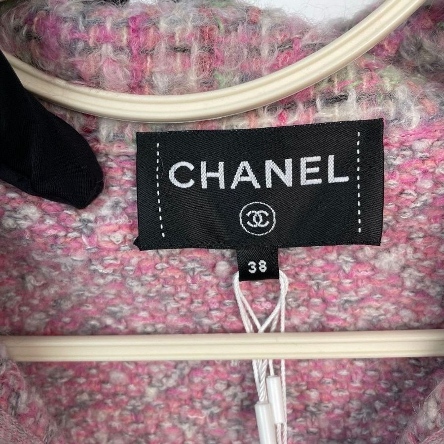Chanel 25B粉色格纹领口拉链两口袋针织开衫上衣外套-2
