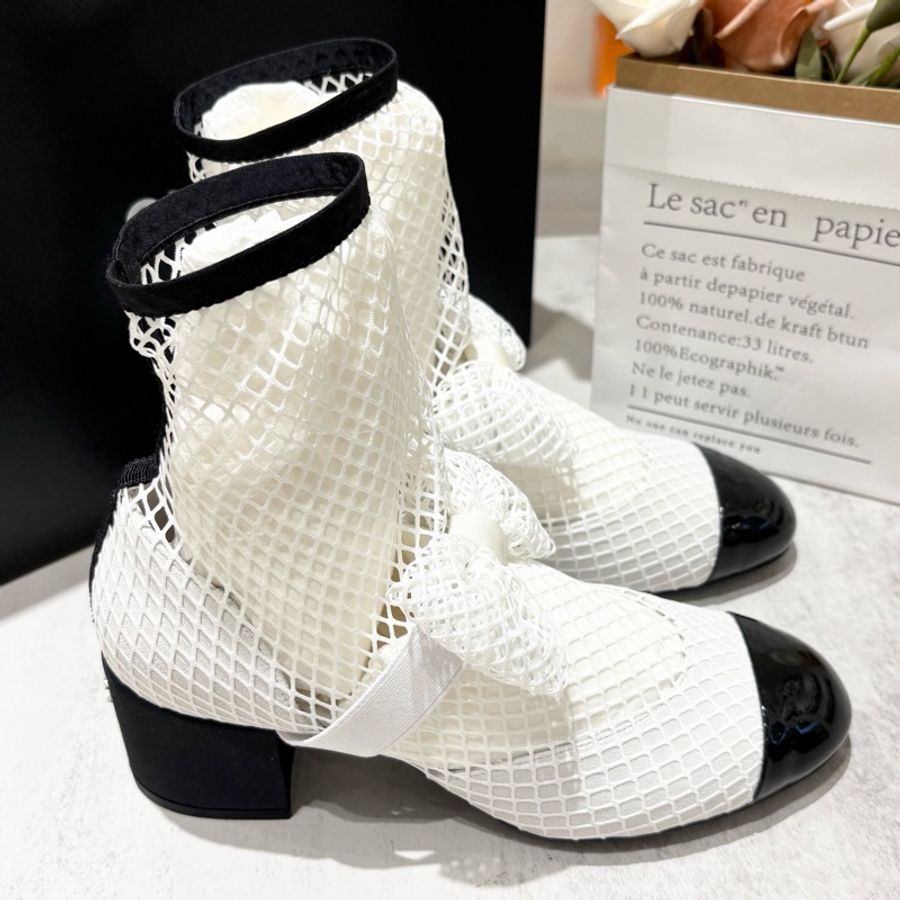 Chanel 香奈兒 23S 瑪麗珍網襪黑白蕾絲蝴蝶結高跟鞋 尺碼:37碼-4