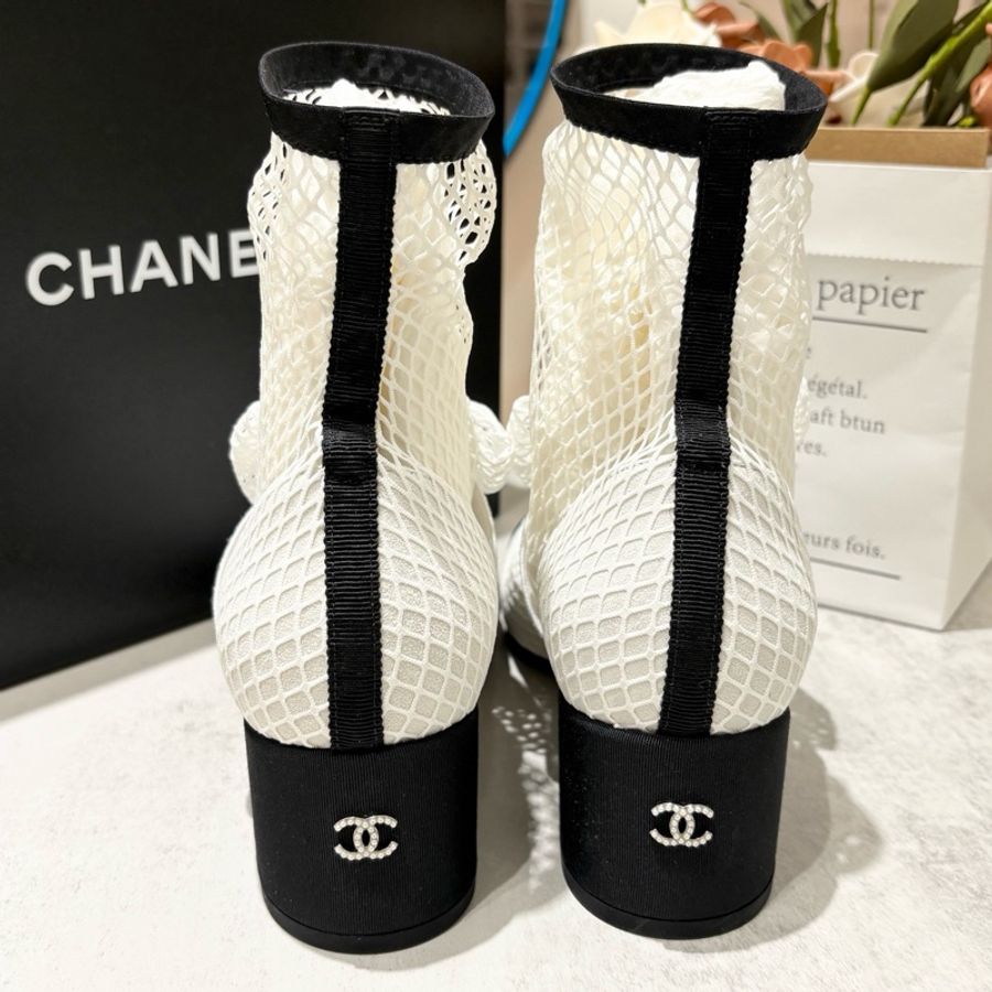 Chanel 香奈兒 23S 瑪麗珍網襪黑白蕾絲蝴蝶結高跟鞋 尺碼:37碼-5