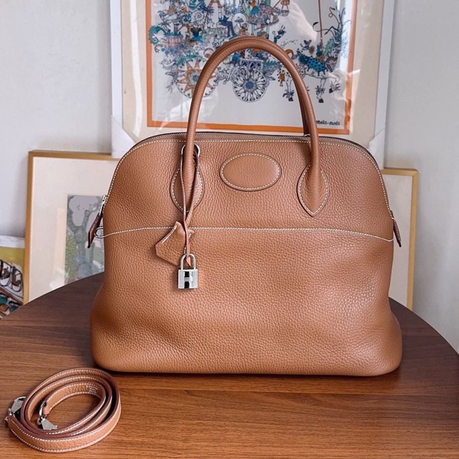 Hermes 愛馬仕 bolide35 金棕銀扣 TC皮 o刻 塵袋肩帶鎖鑰匙-0
