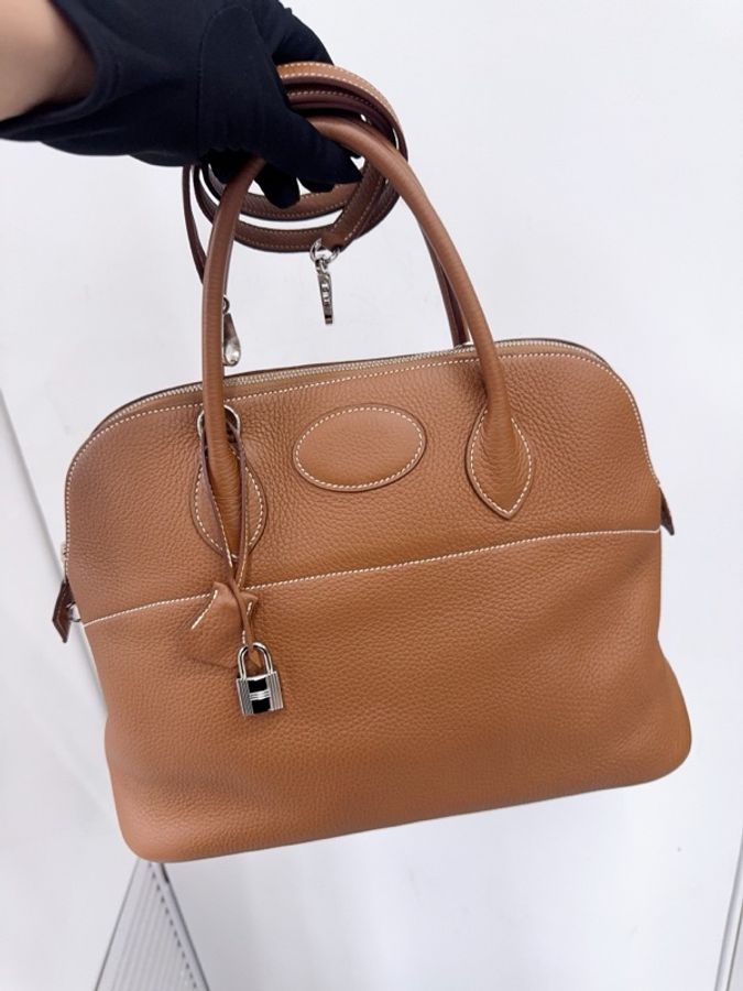 Hermes 愛馬仕 bolide35 金棕銀扣 TC皮 o刻 塵袋肩帶鎖鑰匙-3