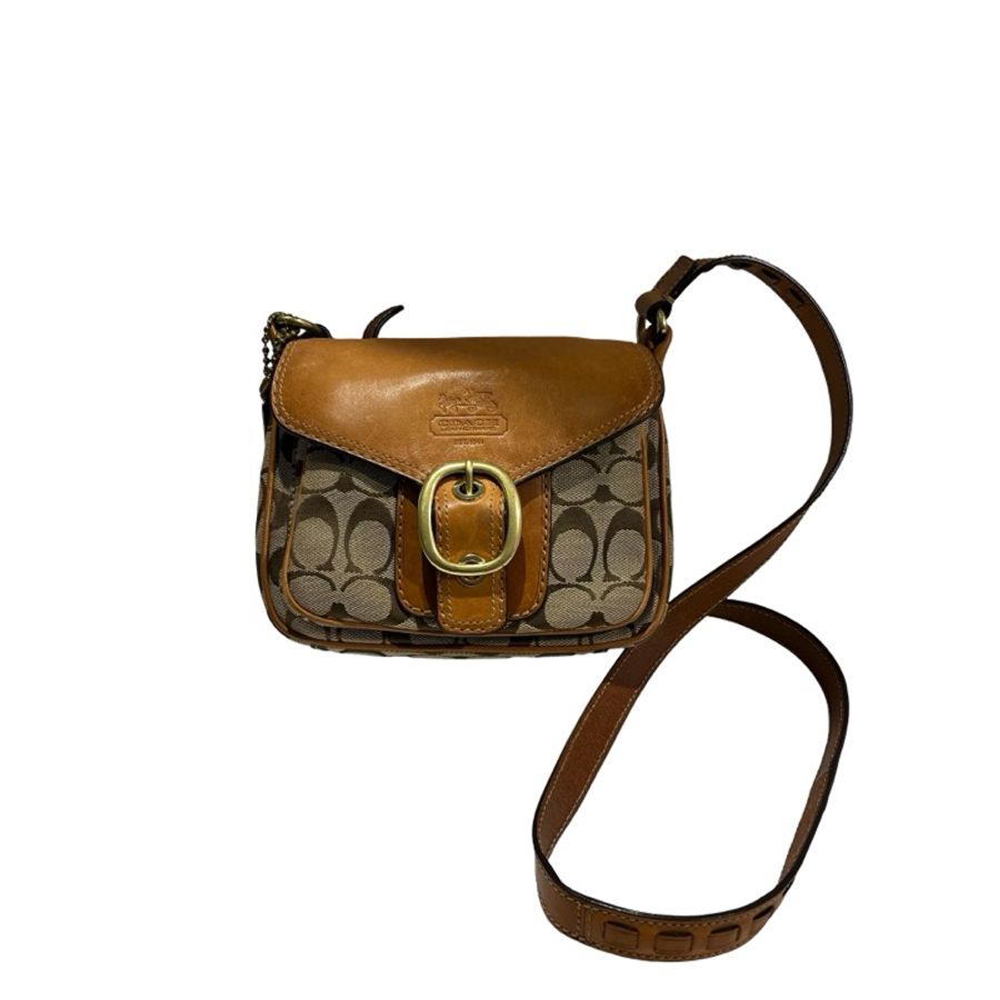Used COACH Signature Canvas Leather Signature Canvas Flap Bag Crossbody Bag Brown Beige-0