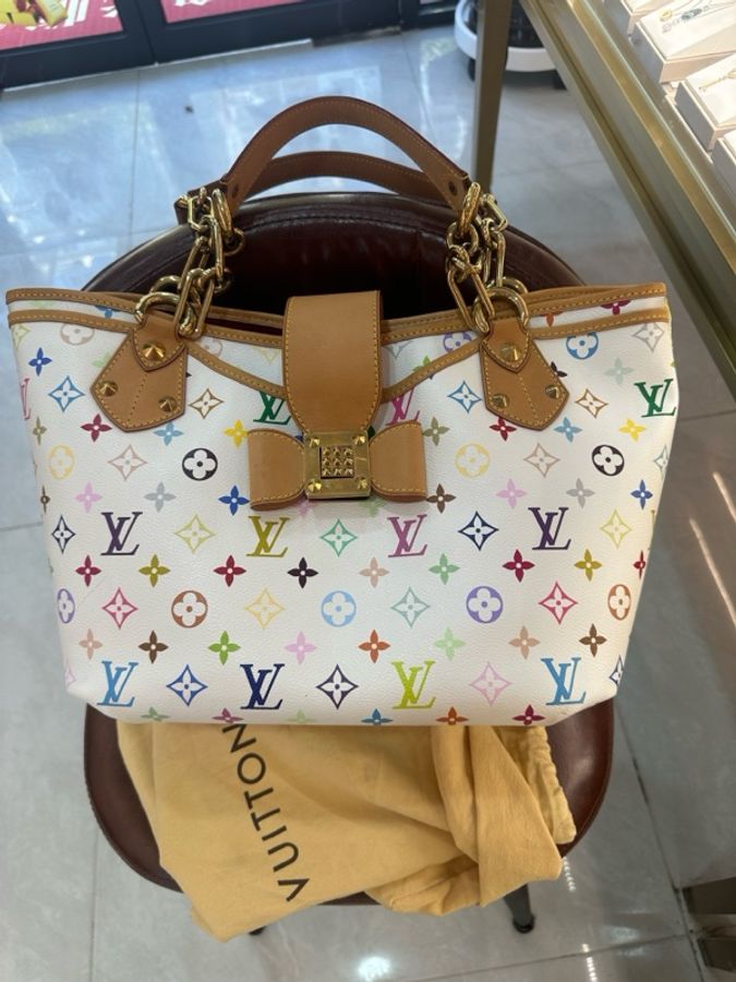 LV 村上隆限定 白三彩蝴蝶結手提托特包 品相好 很新-0
