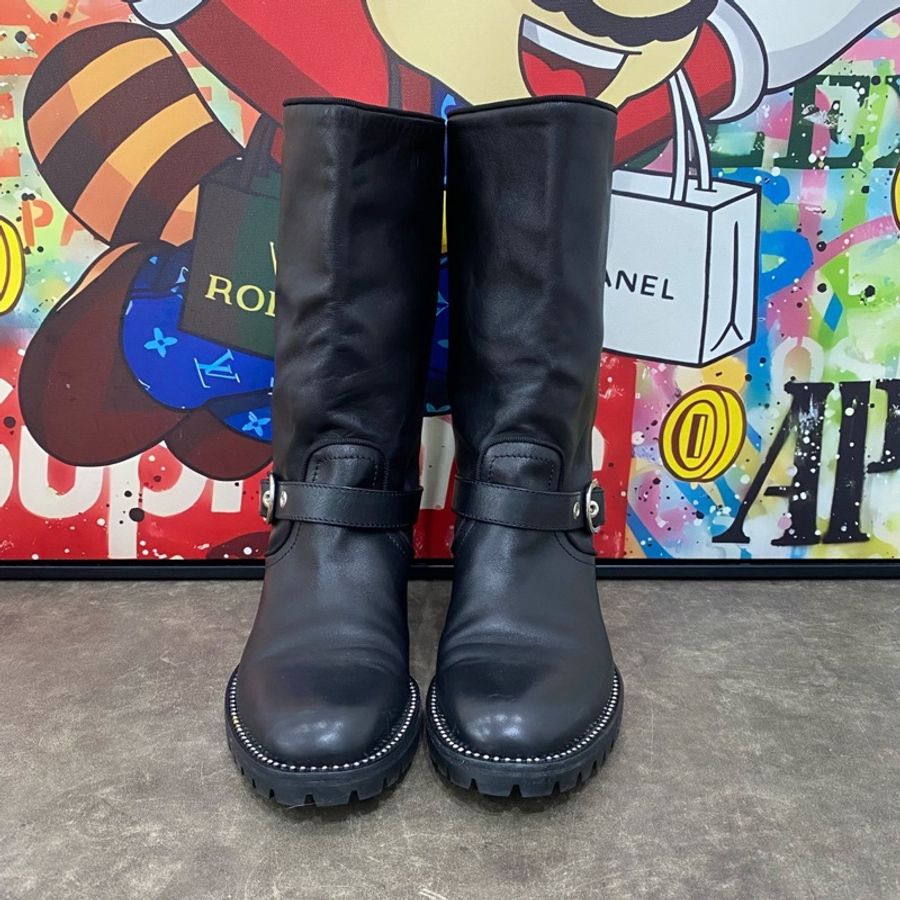 迪奧 Dior 黑色皮扣 長筒靴子 37.5碼-0