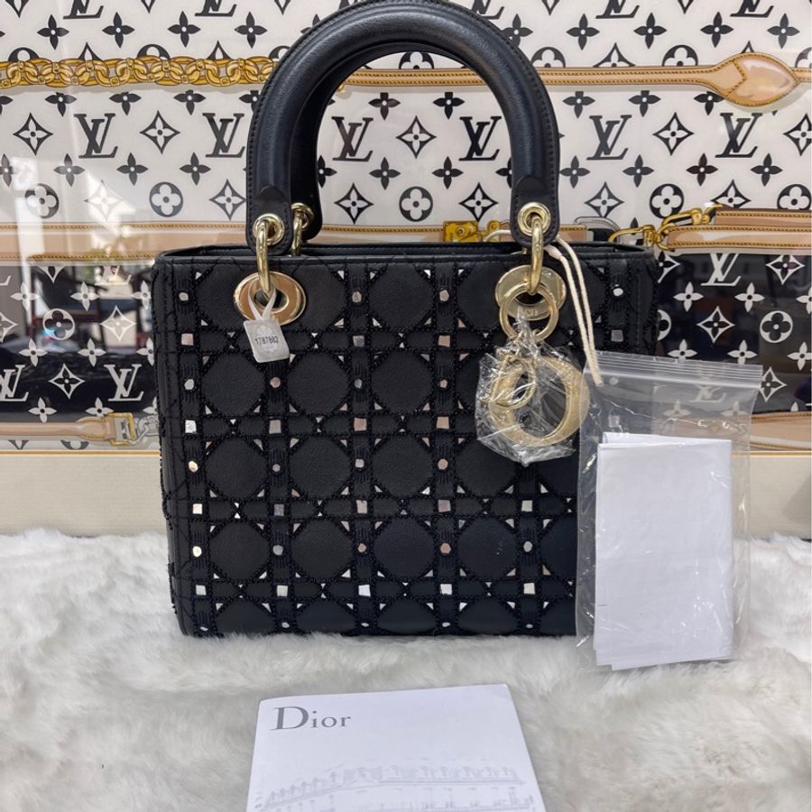 迪奧 Dior 黑色全皮釘珠限量款五格戴妃包-0