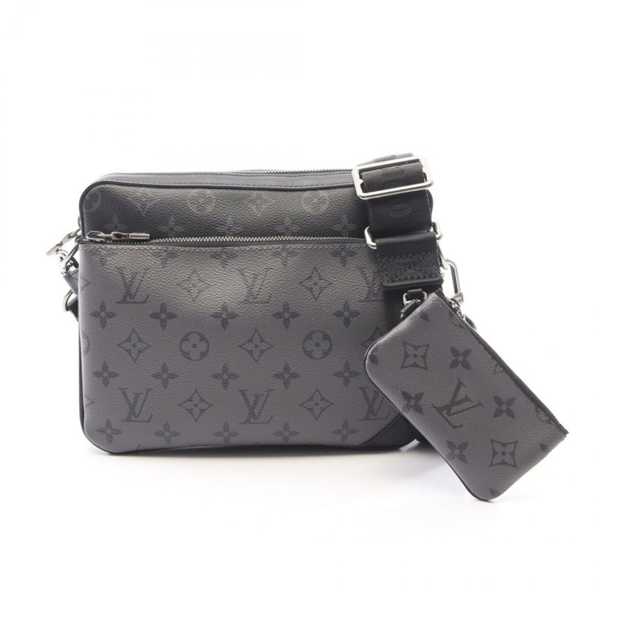 路易威登 Trio Messenger Monogram Eclipse 單肩包 M69443 PVC 塗層帆布皮革 黑色 灰色 二手-0