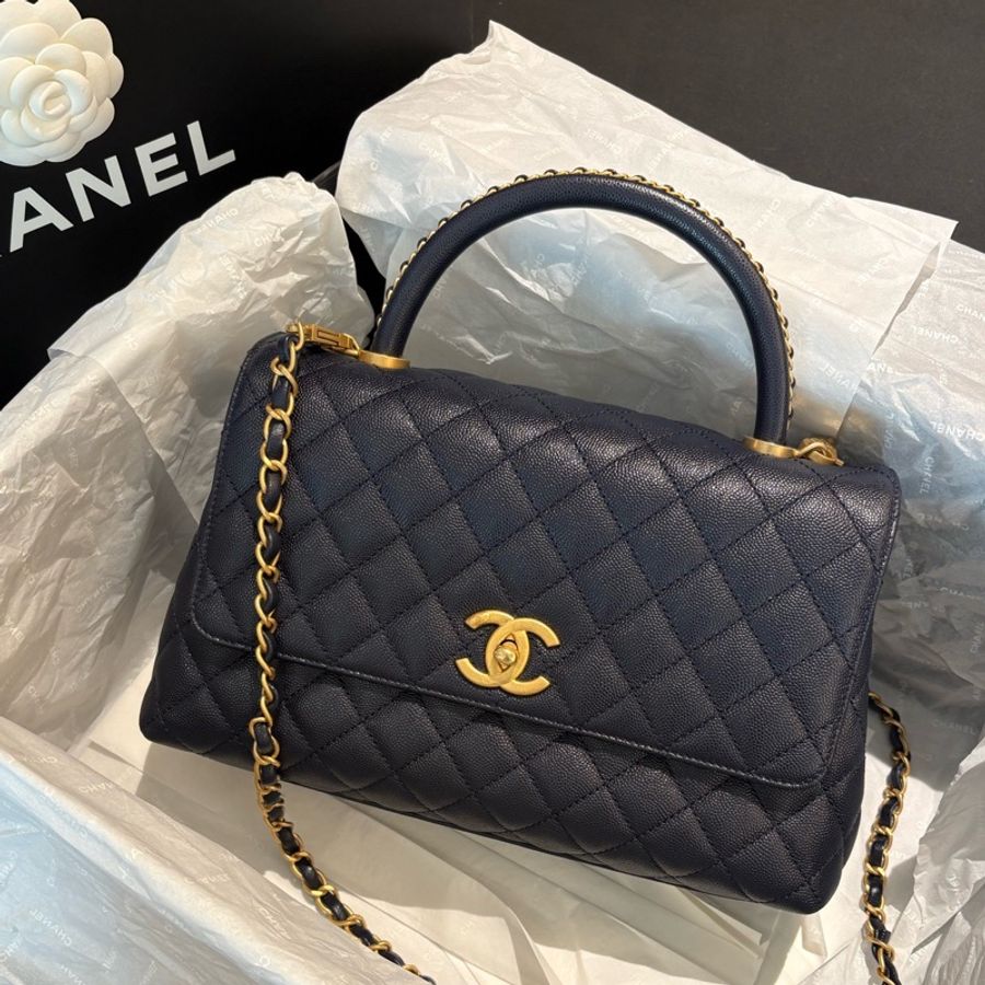 Chanel香奈兒Coco Handle荔枝牛皮23P藍色特殊手柄 手提單肩斜挎包 芯片款 23年-1