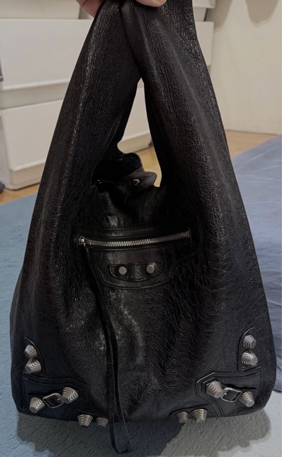 BALENCIAGA tote 黑色油蠟牛皮機車包購物袋-0