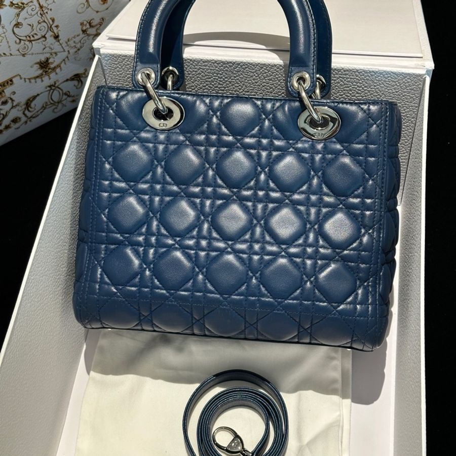 DIOR迪奧Lady Dior藍色羊皮銀扣五格戴妃手提單肩斜挎包 14年編碼-2