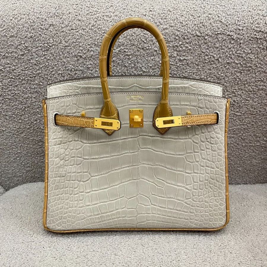 愛馬仕 Hermès Birkin 25 珍珠灰拼2H牛皮紙 方塊鱷魚 磨砂金扣 全新 B刻-0