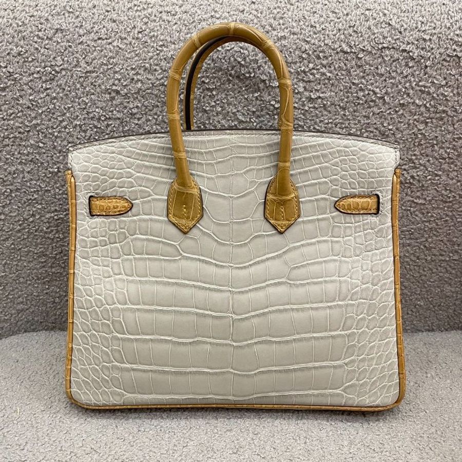 愛馬仕 Hermès Birkin 25 珍珠灰拼2H牛皮紙 方塊鱷魚 磨砂金扣 全新 B刻-1