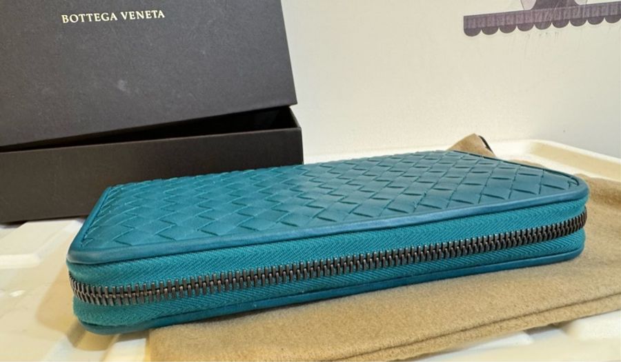 BV 正品 BOTTEGA VENETA 藍綠 編織 拉鍊長夾 錢包 發財包 大長夾-24