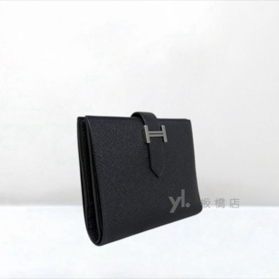 Y2109-HERMES Bearn黑Epsom小牛皮銀扣對開短夾-2