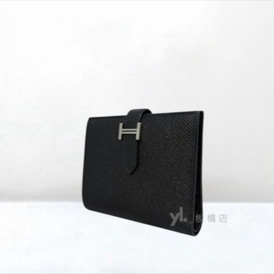 Y2109-HERMES Bearn黑Epsom小牛皮銀扣對開短夾-3
