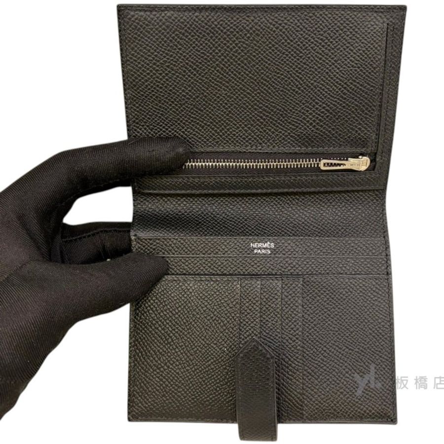Y2109-HERMES Bearn黑Epsom小牛皮銀扣對開短夾-5