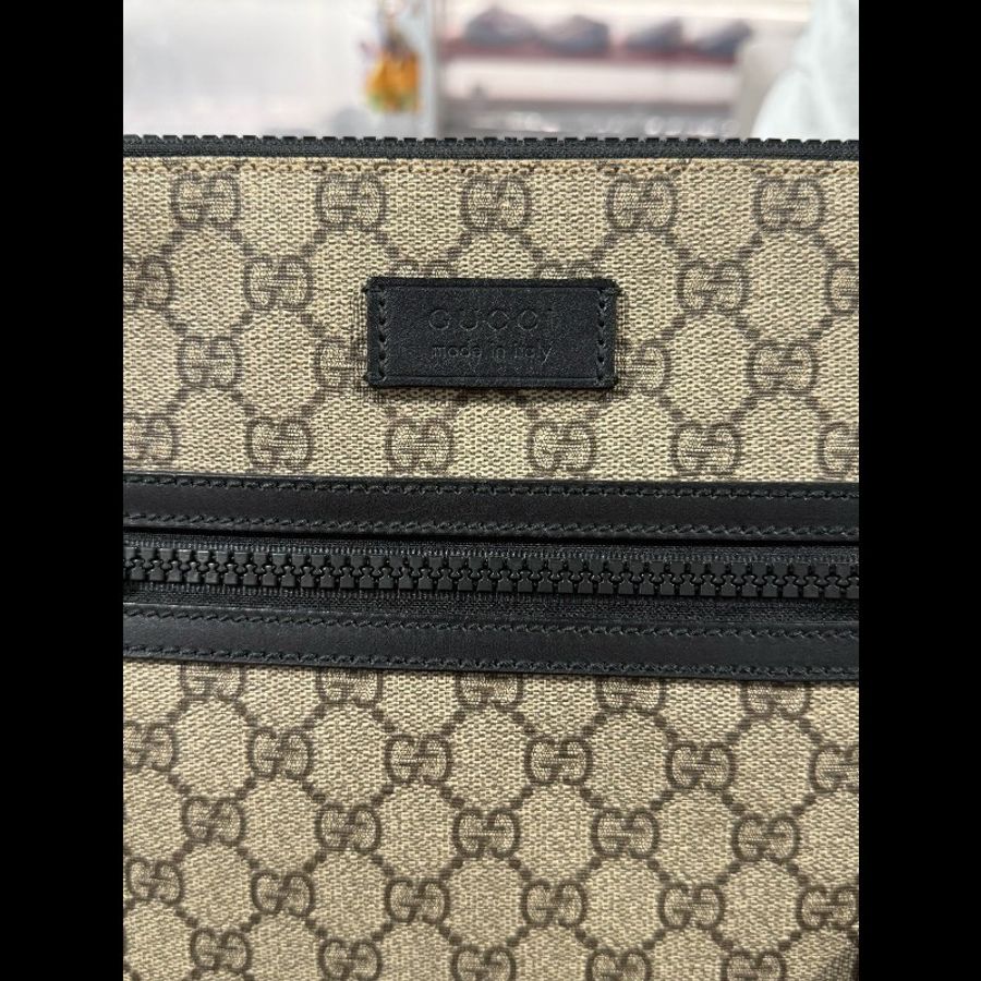 GUCCI 棕色老花拼黑色牛皮郵差包斜背包-19